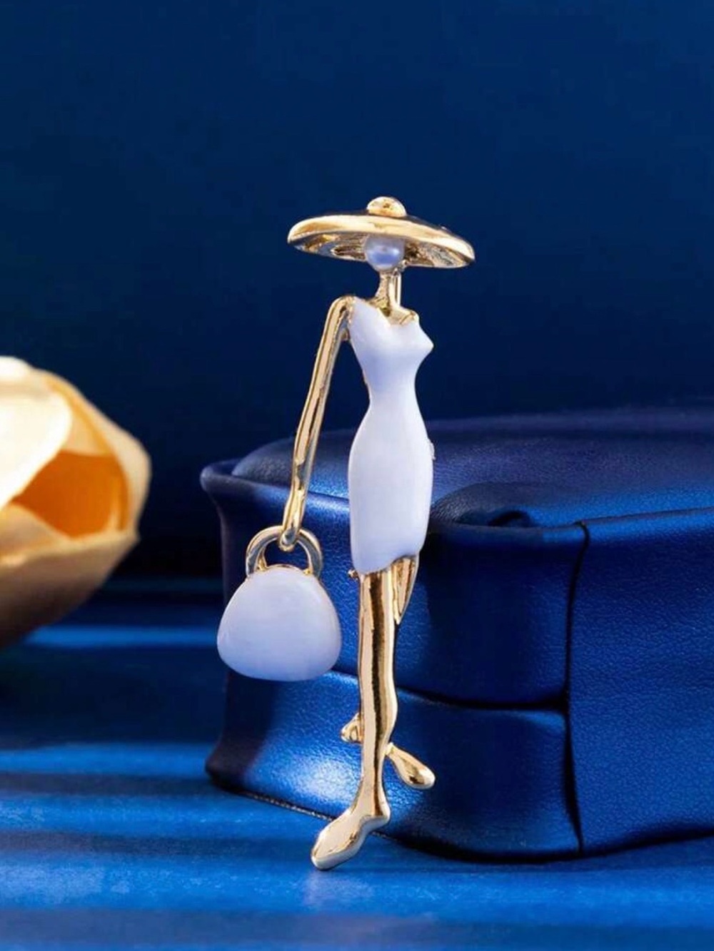 Elegant White Dress Lady Brooch Pin - Gold Tone